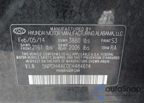 2014 Hyundai Elantra Se z USA, uszkodzony, nr VIN 5NPDH4AE0EH484614